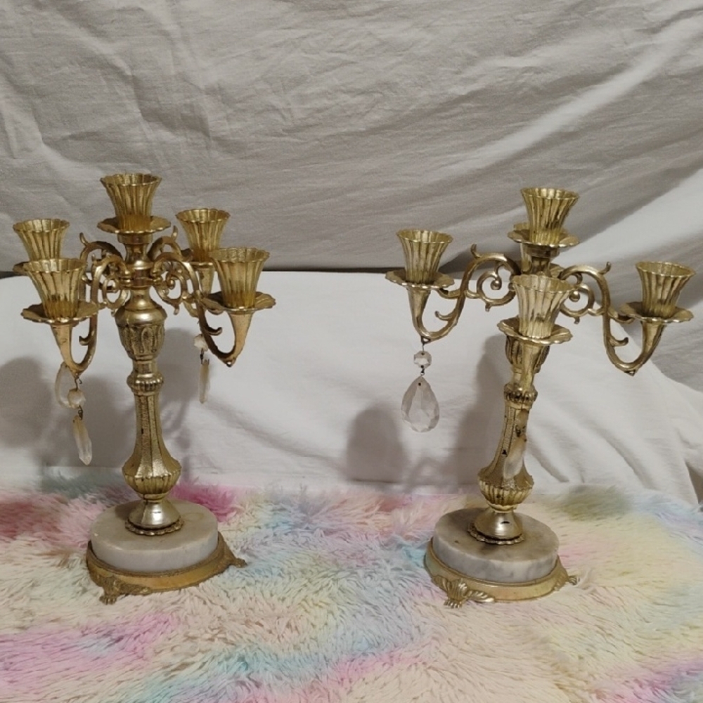 Vint Antoinette Silver Candelabra W Marble Base/Crystals Candle Holder Set (#25)